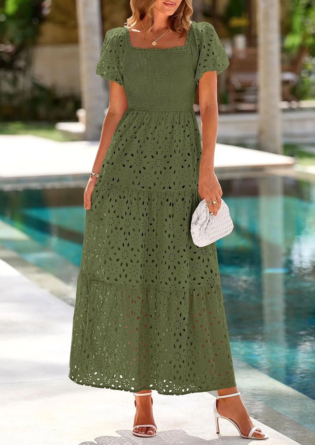 PRETTYGARDEN Summer Dresses for Women 2025 Eyelet Square Neck Puff Sleeve Smocked Wedding Guest Maxi Dress with Pockets