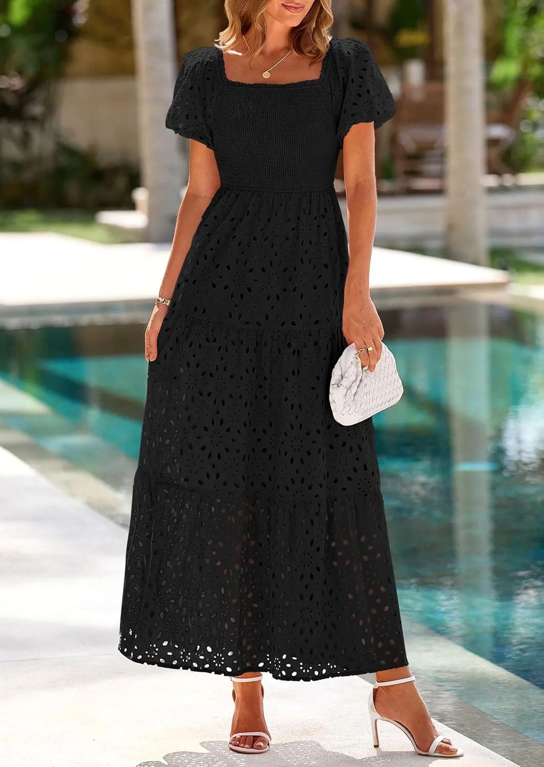 PRETTYGARDEN Summer Dresses for Women 2025 Eyelet Square Neck Puff Sleeve Smocked Wedding Guest Maxi Dress with Pockets