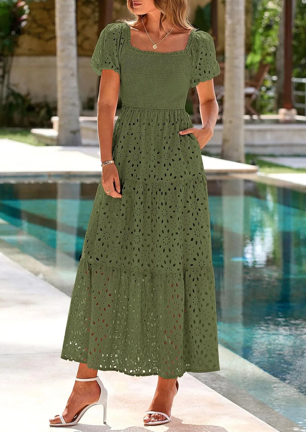 PRETTYGARDEN Summer Dresses for Women 2025 Eyelet Square Neck Puff Sleeve Smocked Wedding Guest Maxi Dress with Pockets