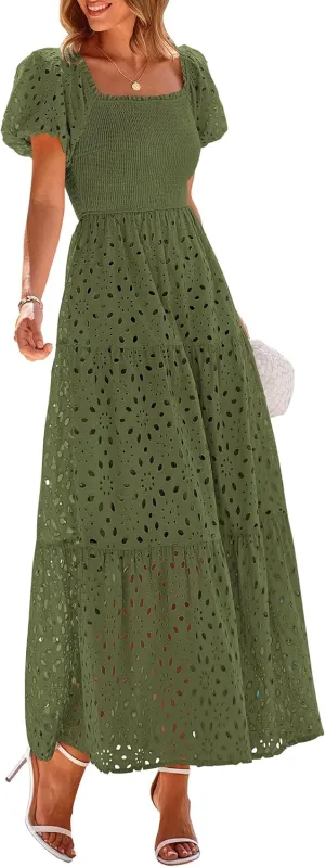 PRETTYGARDEN Summer Dresses for Women 2025 Eyelet Square Neck Puff Sleeve Smocked Wedding Guest Maxi Dress with Pockets
