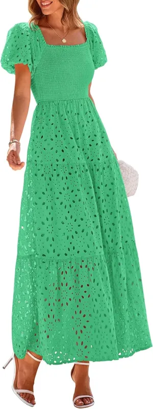 PRETTYGARDEN Summer Dresses for Women 2025 Eyelet Square Neck Puff Sleeve Smocked Wedding Guest Maxi Dress with Pockets