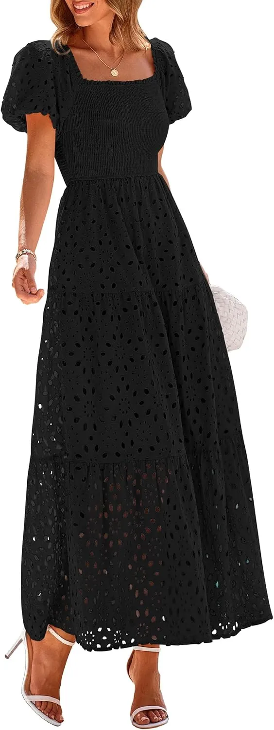 PRETTYGARDEN Summer Dresses for Women 2025 Eyelet Square Neck Puff Sleeve Smocked Wedding Guest Maxi Dress with Pockets