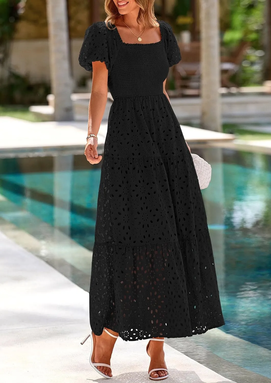 PRETTYGARDEN Summer Dresses for Women 2025 Eyelet Square Neck Puff Sleeve Smocked Wedding Guest Maxi Dress with Pockets