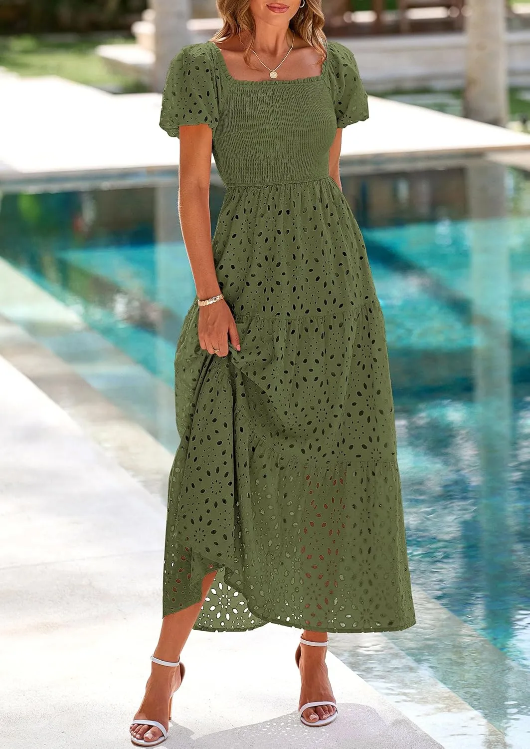 PRETTYGARDEN Summer Dresses for Women 2025 Eyelet Square Neck Puff Sleeve Smocked Wedding Guest Maxi Dress with Pockets