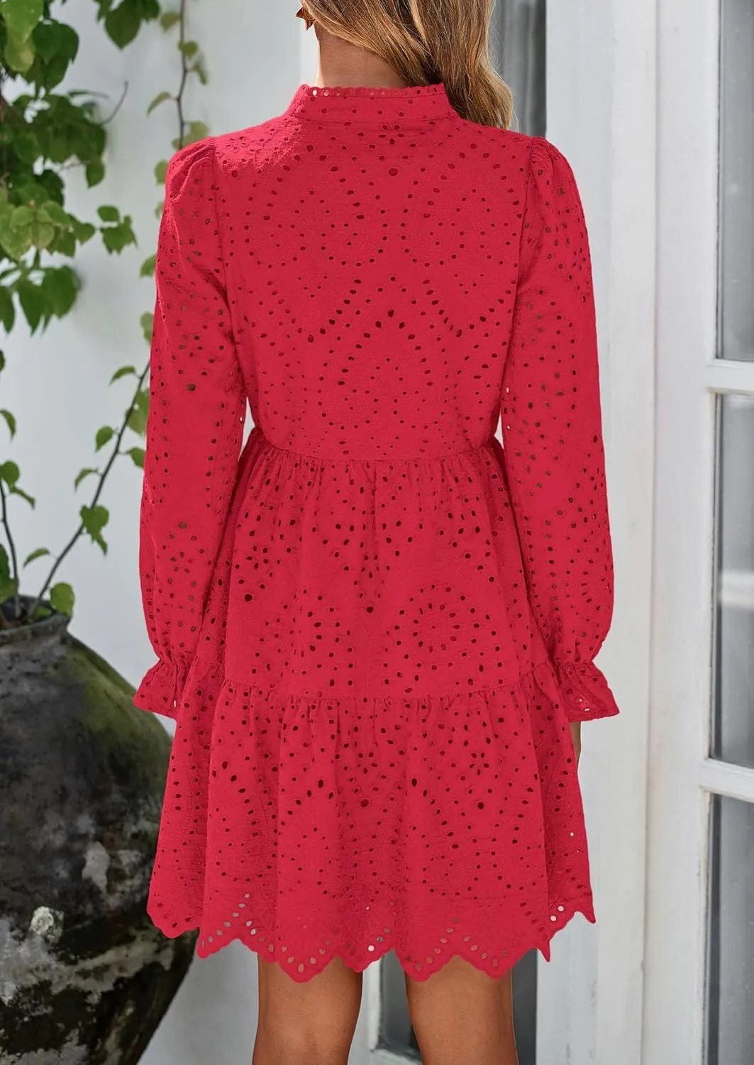 PRETTYGARDEN Women's Spring 2025 Long Puff Sleeve Mini Dress Hollow Out Lace V Neck A Line Ruffle Casual Party Dresses