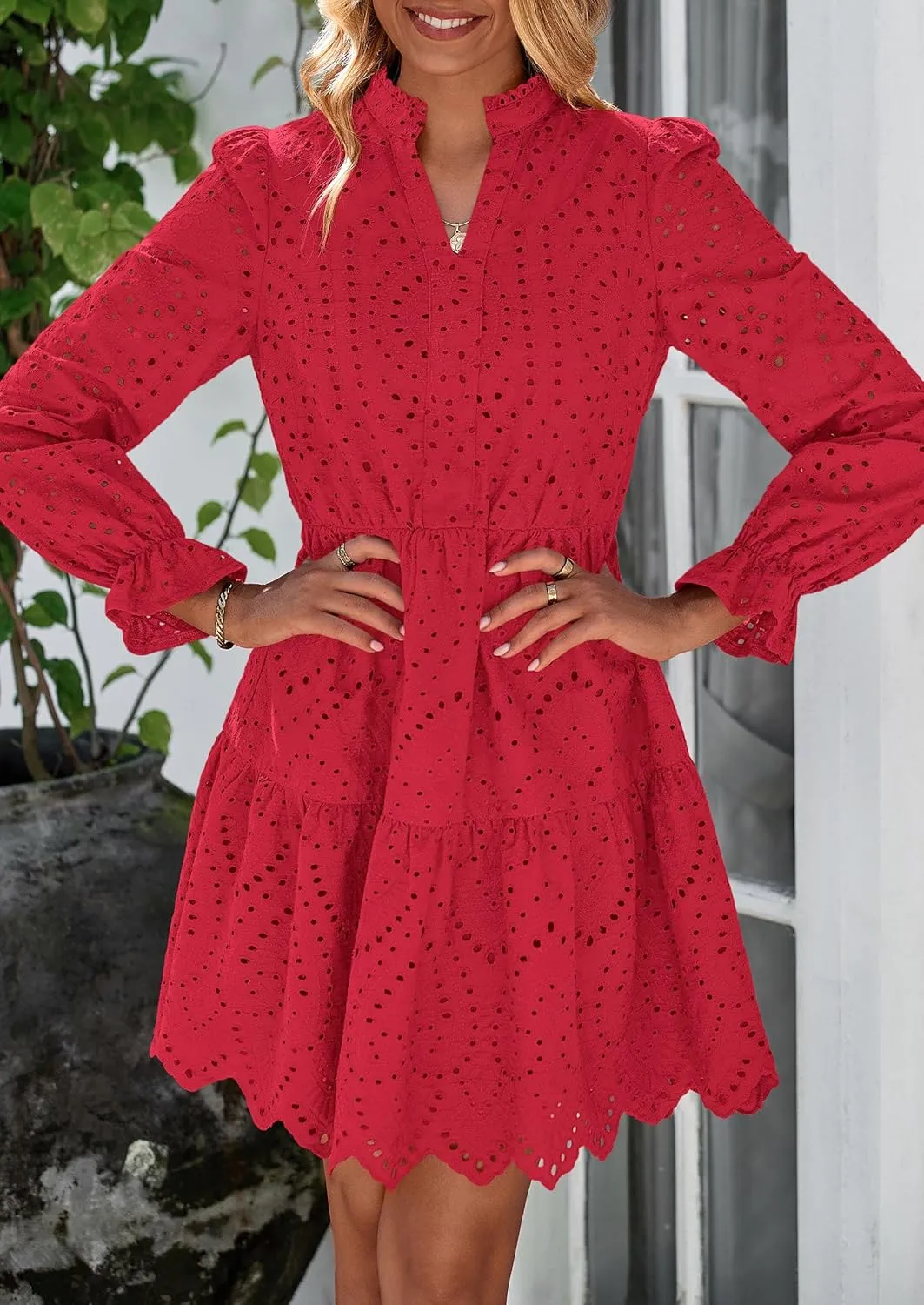 PRETTYGARDEN Women's Spring 2025 Long Puff Sleeve Mini Dress Hollow Out Lace V Neck A Line Ruffle Casual Party Dresses
