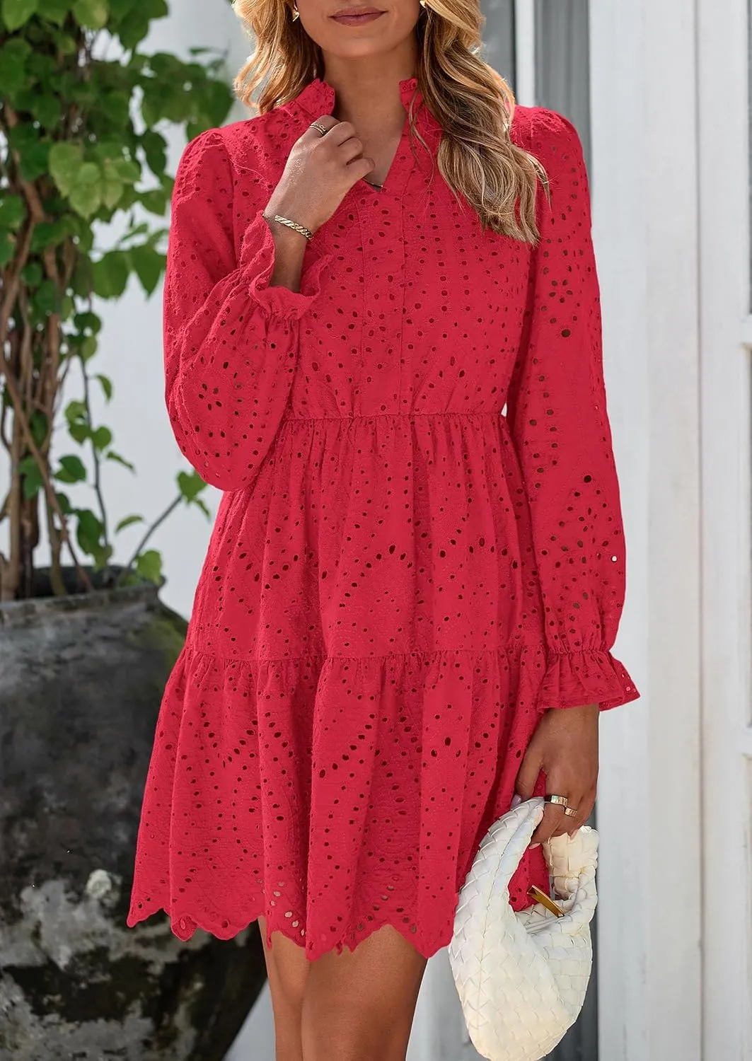 PRETTYGARDEN Women's Spring 2025 Long Puff Sleeve Mini Dress Hollow Out Lace V Neck A Line Ruffle Casual Party Dresses