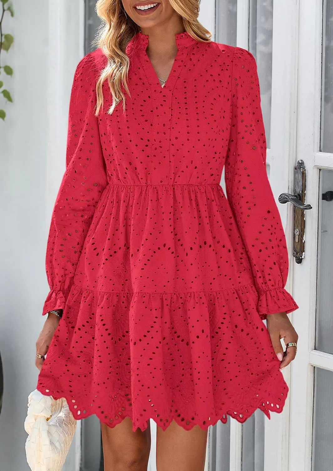 PRETTYGARDEN Women's Spring 2025 Long Puff Sleeve Mini Dress Hollow Out Lace V Neck A Line Ruffle Casual Party Dresses