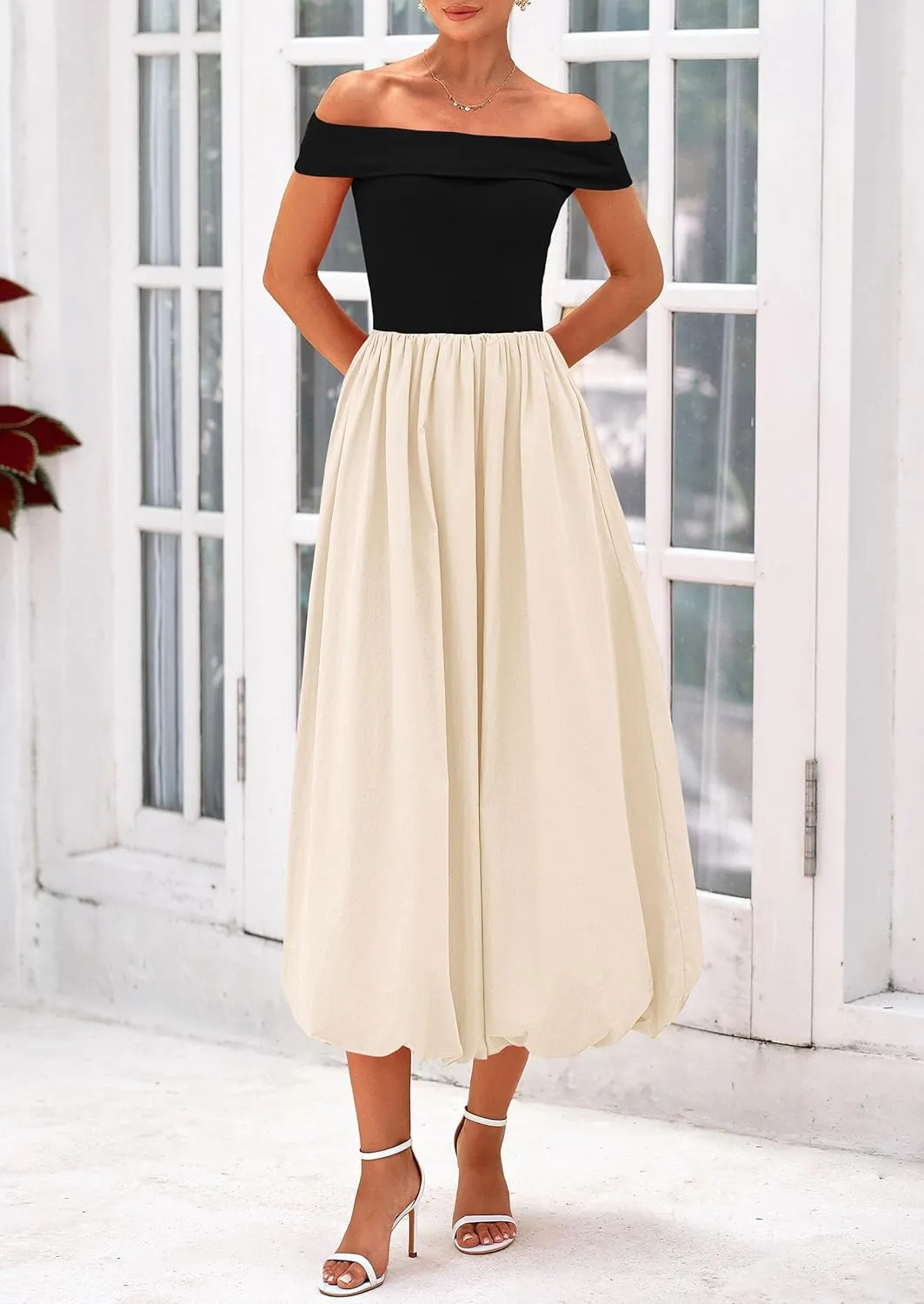 PRETTYGARDEN Womens Summer Off Shoulder Sleeveless Midi Dress Cocktail A Line Flowy Wedding Guest Dresses with Pockets