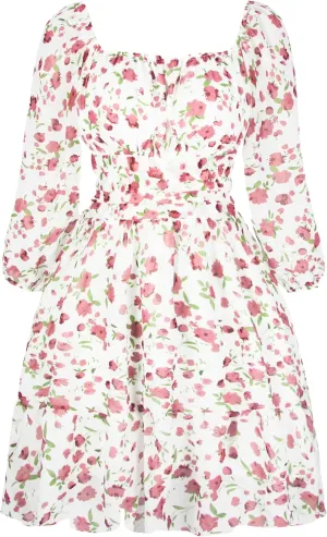 PUKAVT Women's Summer Dresses 2025 Square Neck Tie Back 3/4 Lantern Sleeve Vintage Chiffon Short Dress