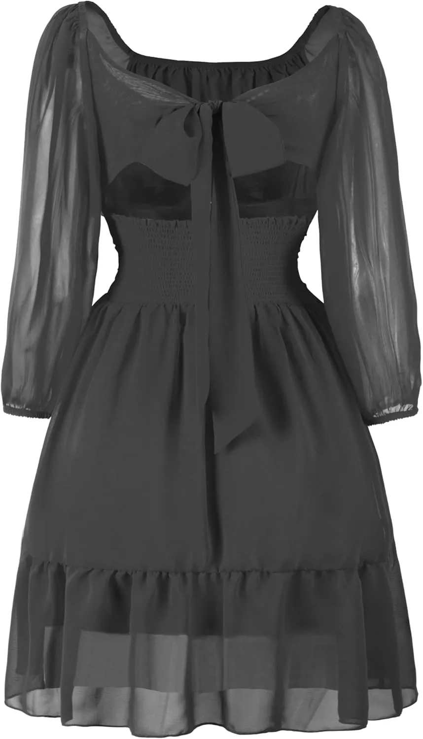 PUKAVT Women's Summer Dresses 2025 Square Neck Tie Back 3/4 Lantern Sleeve Vintage Chiffon Short Dress