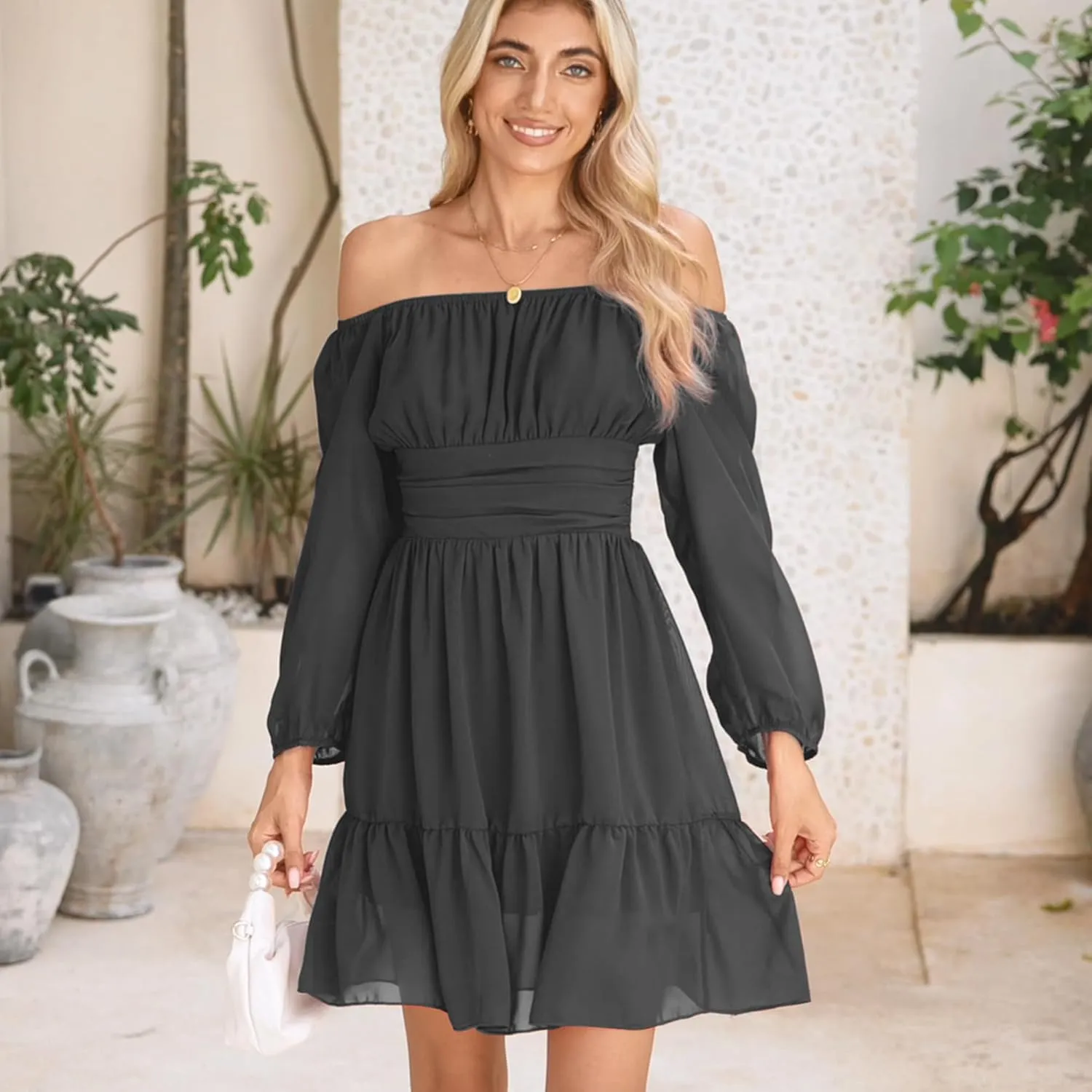 PUKAVT Women's Summer Dresses 2025 Square Neck Tie Back 3/4 Lantern Sleeve Vintage Chiffon Short Dress