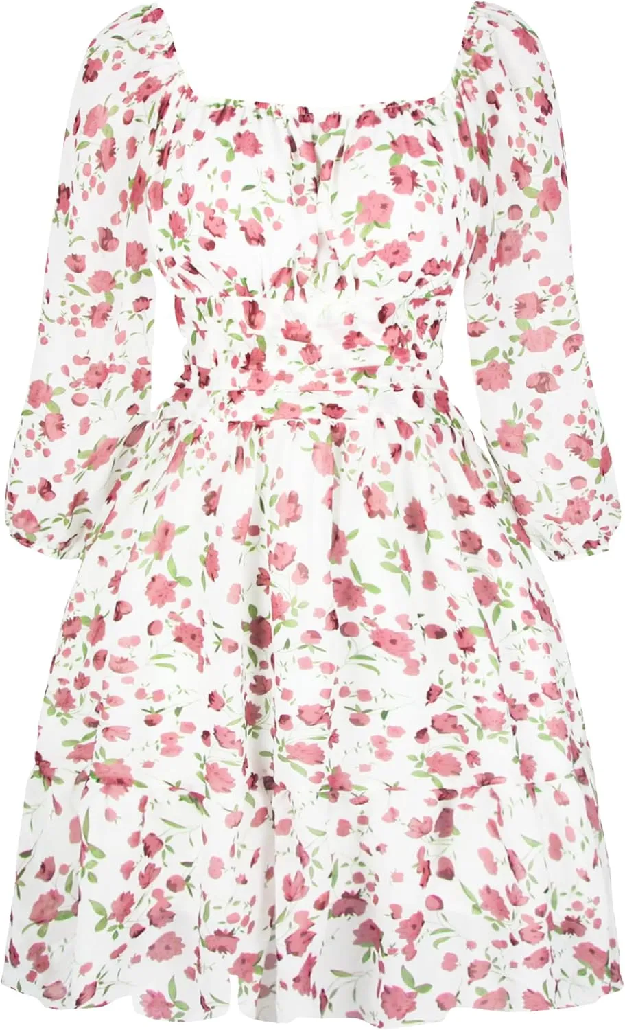 PUKAVT Women's Summer Dresses 2025 Square Neck Tie Back 3/4 Lantern Sleeve Vintage Chiffon Short Dress
