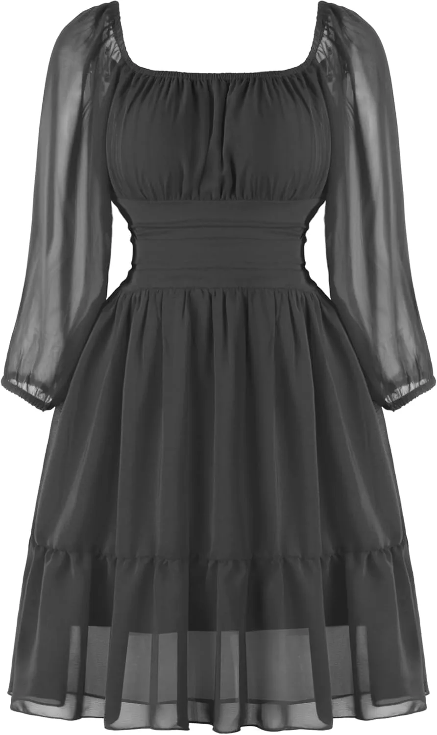 PUKAVT Women's Summer Dresses 2025 Square Neck Tie Back 3/4 Lantern Sleeve Vintage Chiffon Short Dress