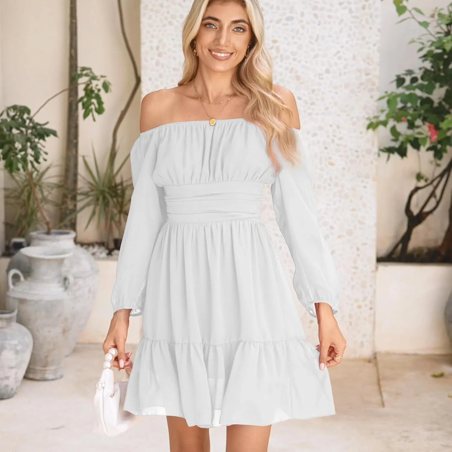 PUKAVT Women's Summer Dresses 2025 Square Neck Tie Back 3/4 Lantern Sleeve Vintage Chiffon Short Dress