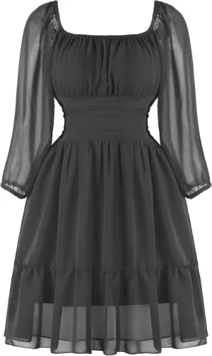 PUKAVT Women's Summer Dresses 2025 Square Neck Tie Back 3/4 Lantern Sleeve Vintage Chiffon Short Dress