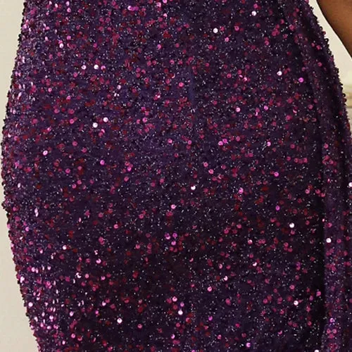 Purple Sequin Plus Size Party Dress Off Shoulder Evening Gown