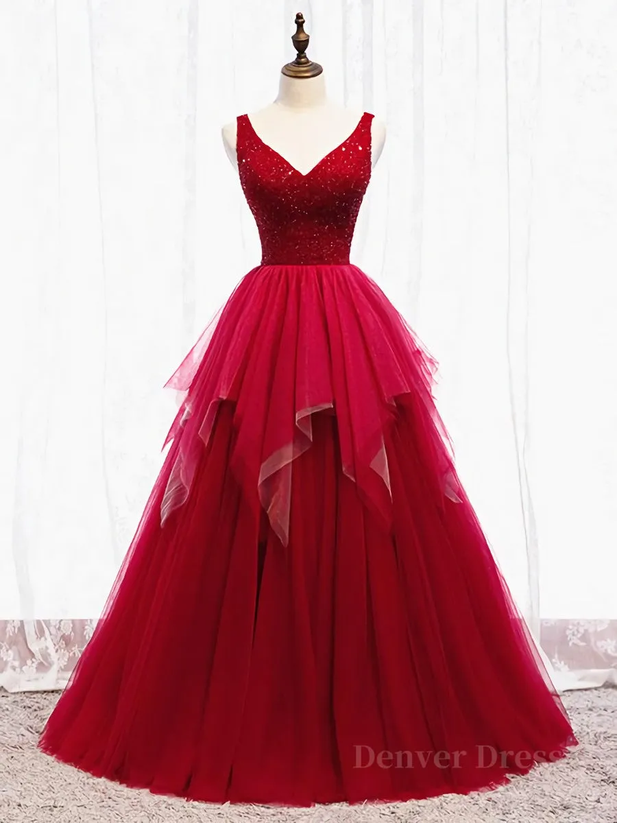 Red V Neck Long Prom Dresses with Corset Back, Red Floor Length Prom Gown, Evening Dresses