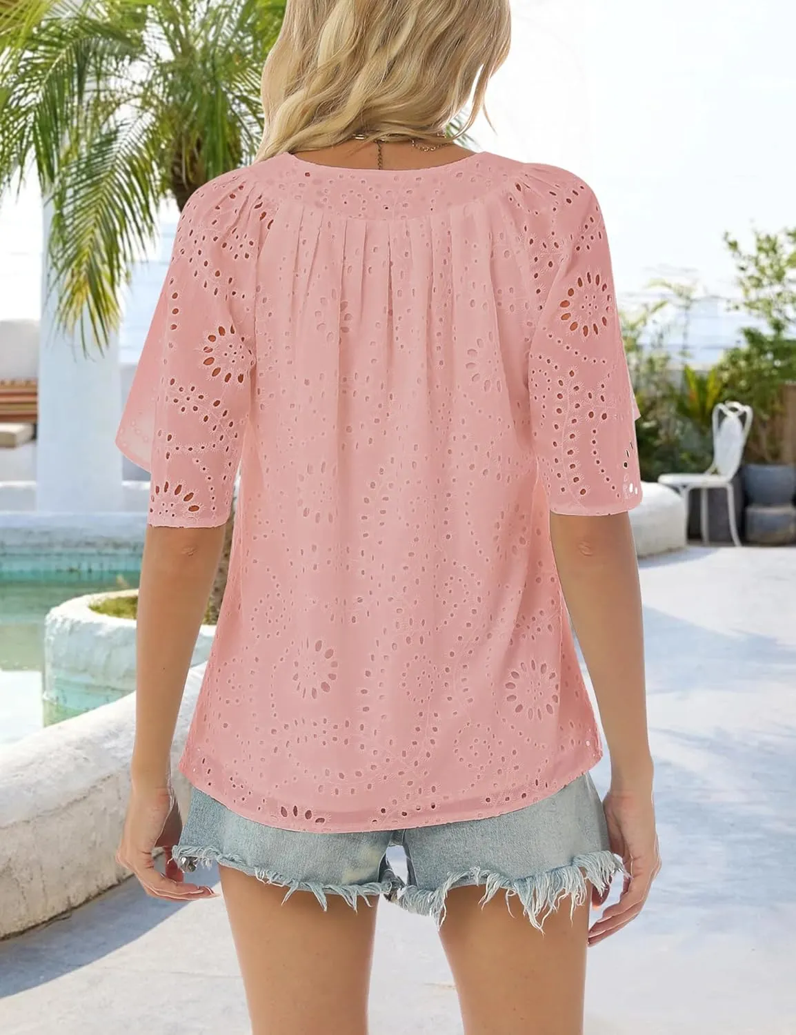 Relipop Women's Summer Eyelet Tops 2025 Dressy Casual V Neck Flutter Sleeve Hollow Out Lace Embroidered Blouses Shirts
