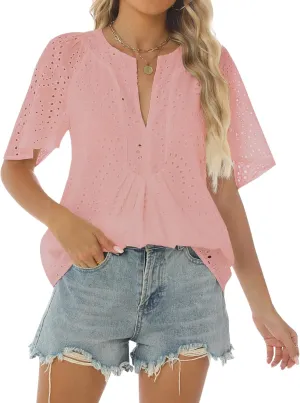 Relipop Women's Summer Eyelet Tops 2025 Dressy Casual V Neck Flutter Sleeve Hollow Out Lace Embroidered Blouses Shirts