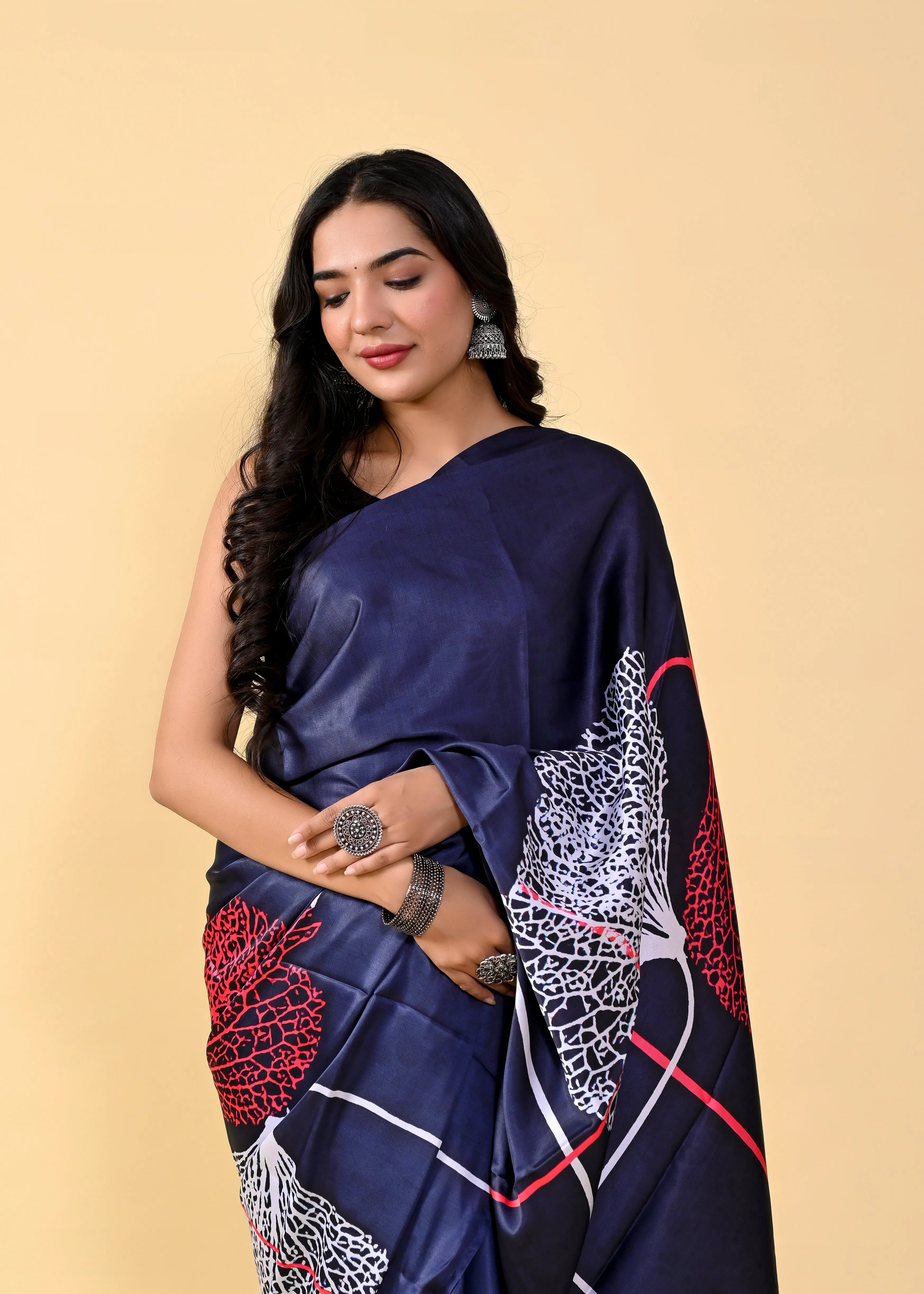 Royal Blue Floral Digital Printed Heavy Satin Silk Saree with Silk Blouse