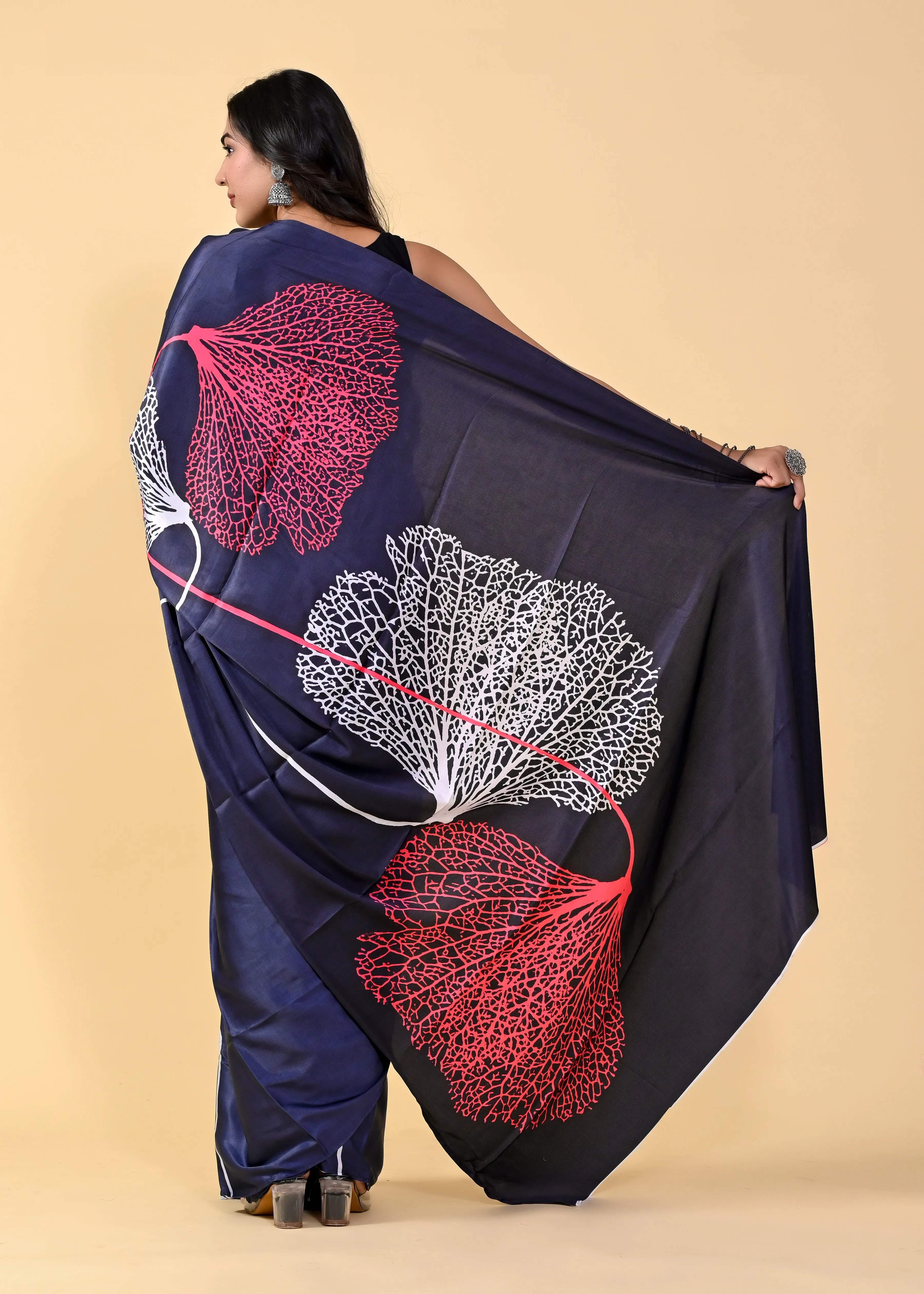 Royal Blue Floral Digital Printed Heavy Satin Silk Saree with Silk Blouse