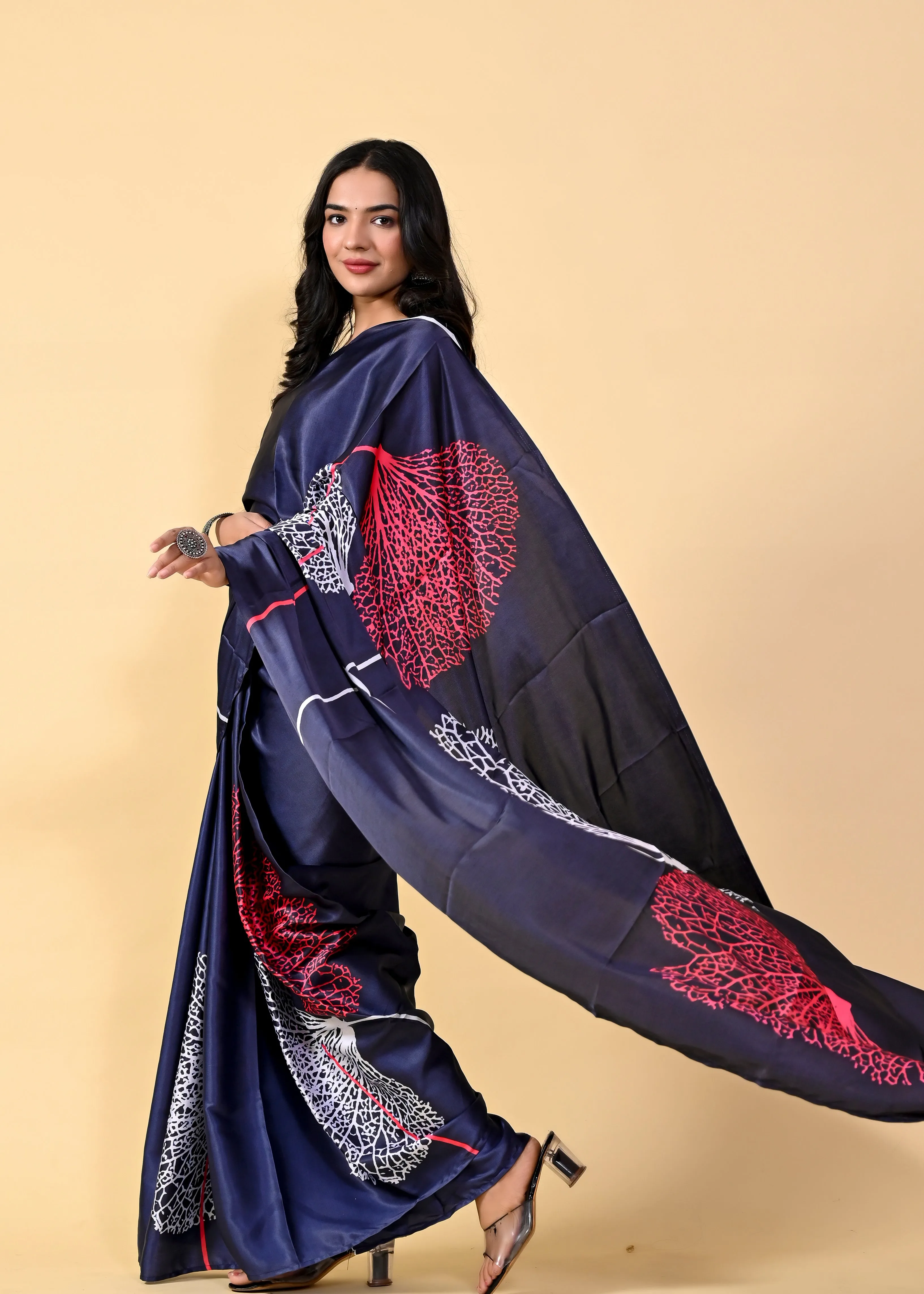 Royal Blue Floral Digital Printed Heavy Satin Silk Saree with Silk Blouse
