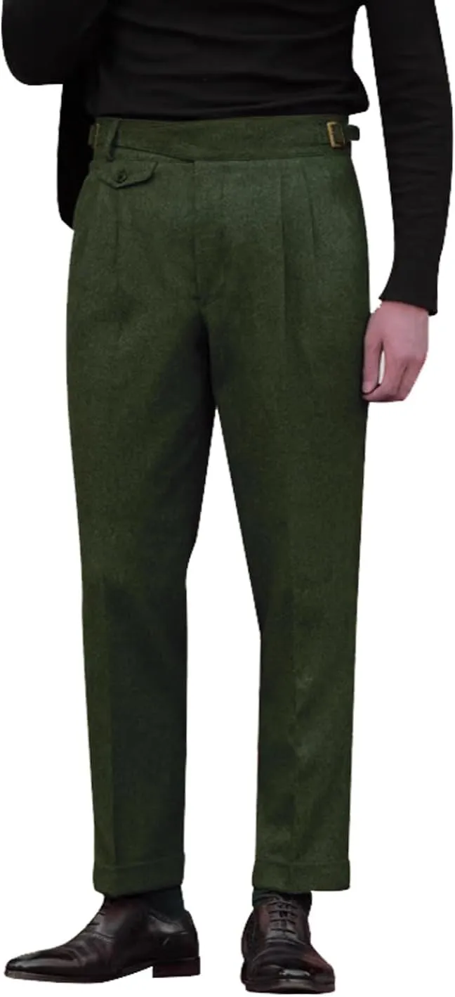 Snoly Men's Winter Retro Woolen Gurkha Pant Straight Flat Front Chino High Waist Tapered Leg Rolled Pants,Two Styles