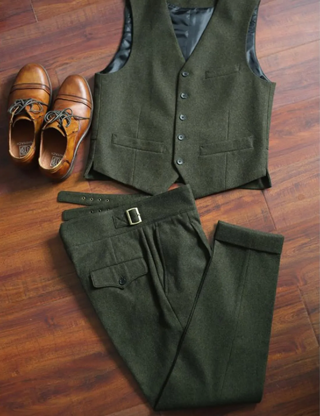 Snoly Men's Winter Retro Woolen Gurkha Pant Straight Flat Front Chino High Waist Tapered Leg Rolled Pants,Two Styles