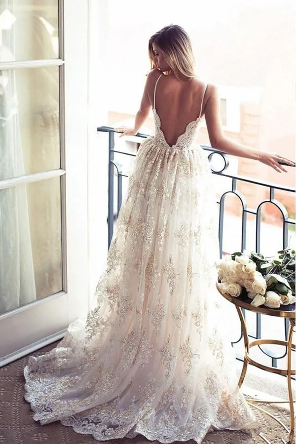 Spaghetti Straps Lace A-line Backless Wedding Dress Bridal Gowns PG378