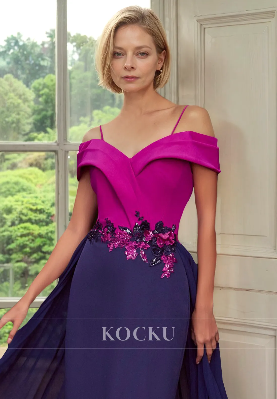 Spaghetti Straps Off-Shoulder Sheath Appliques Chiffon Cocktail Dress Mother of Bride with Beads