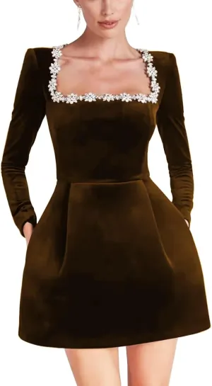 Square Neck Long Sleeve Short Wedding Dresses for Brides Velvet Beaded Mini Prom Bridal Shower Gown Party Dress