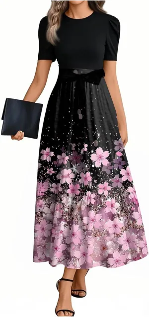 Summer Dresses for Women Short Sleeve Round Neck Vintage Floral Elegant Trendy Flowy High Waist Belted Maxi Sundress