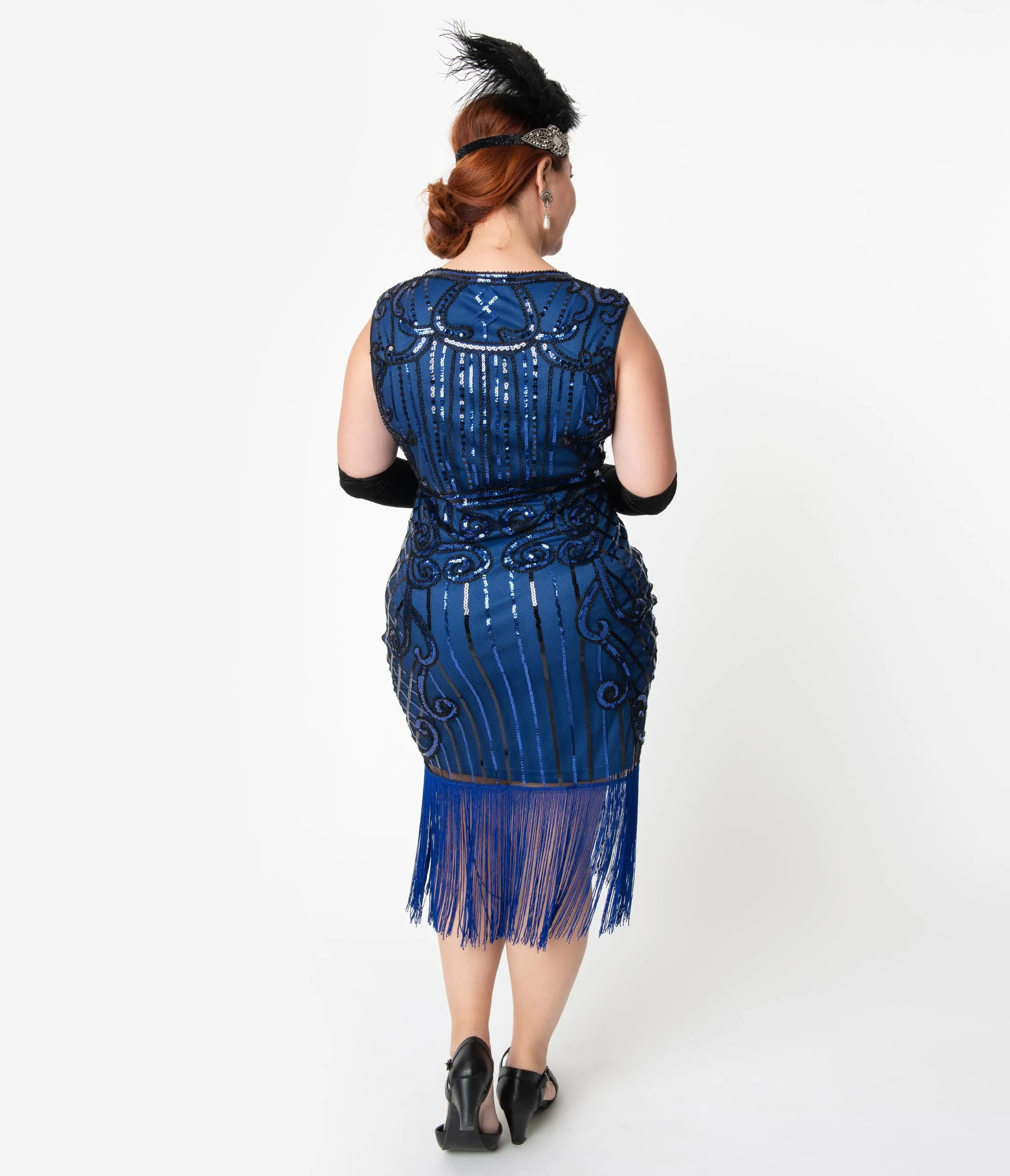 Unique Vintage Plus Size 1920s Style Blue & Black Beaded Avignon Flapper Dress