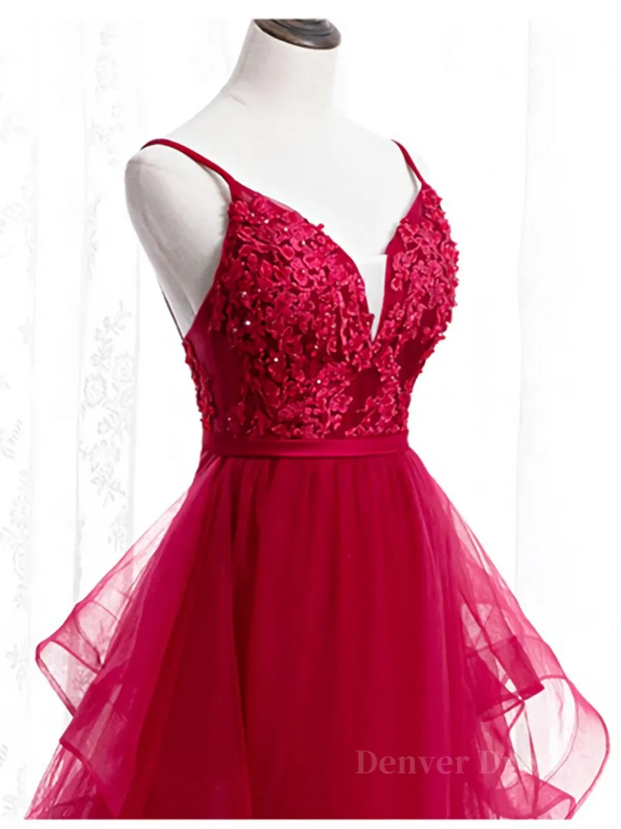 V Neck Burgundy Lace Prom Dresses Wine Red Lace Formal Evening Graduation Dresses