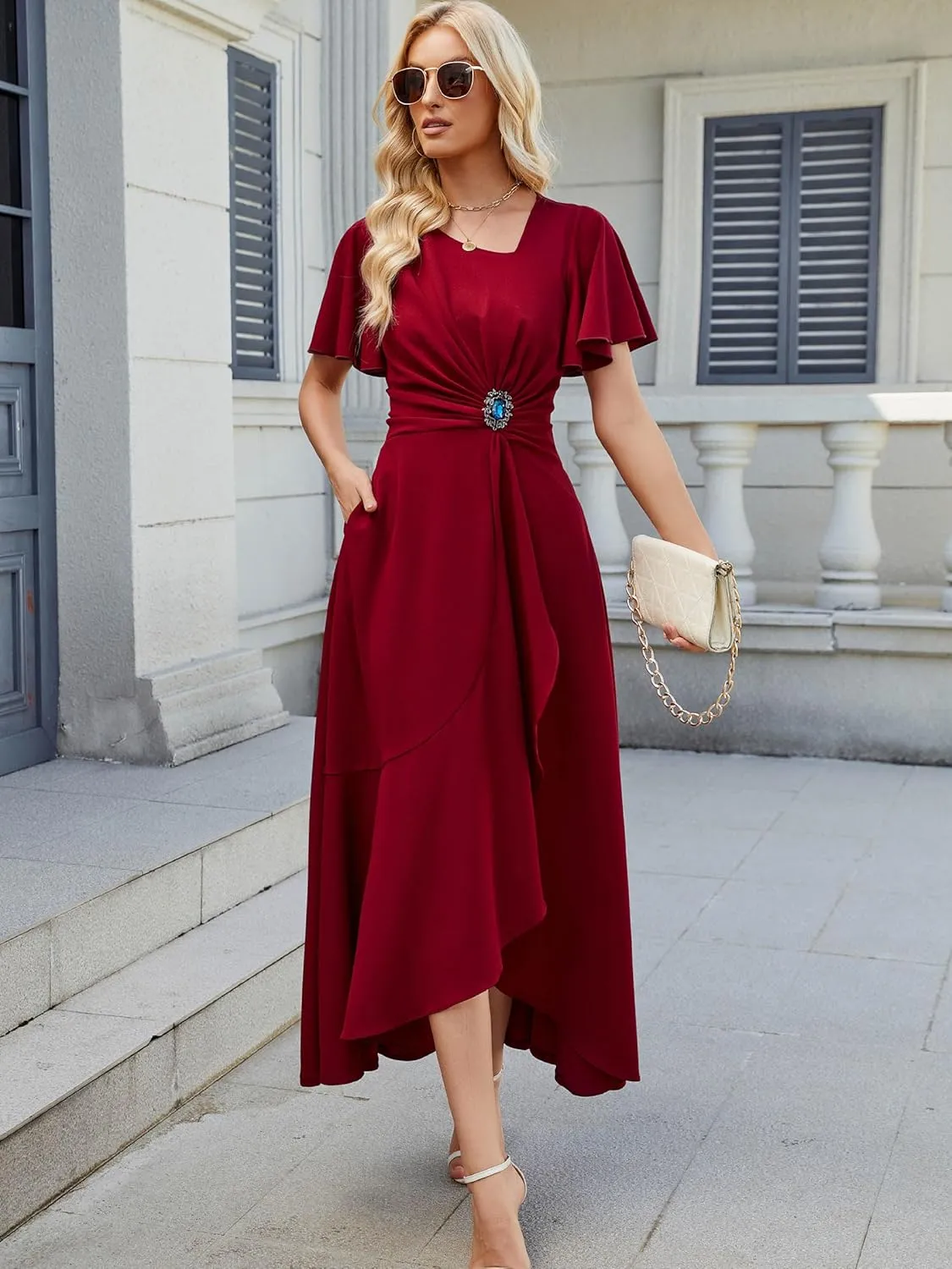 Wedding Guest Dresses for Women Have Pockets Cocktail Dress Ruffle Sleeve A Line Evening Party Formal Dresses for Women