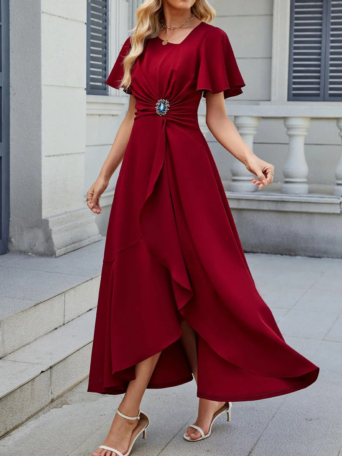 Wedding Guest Dresses for Women Have Pockets Cocktail Dress Ruffle Sleeve A Line Evening Party Formal Dresses for Women