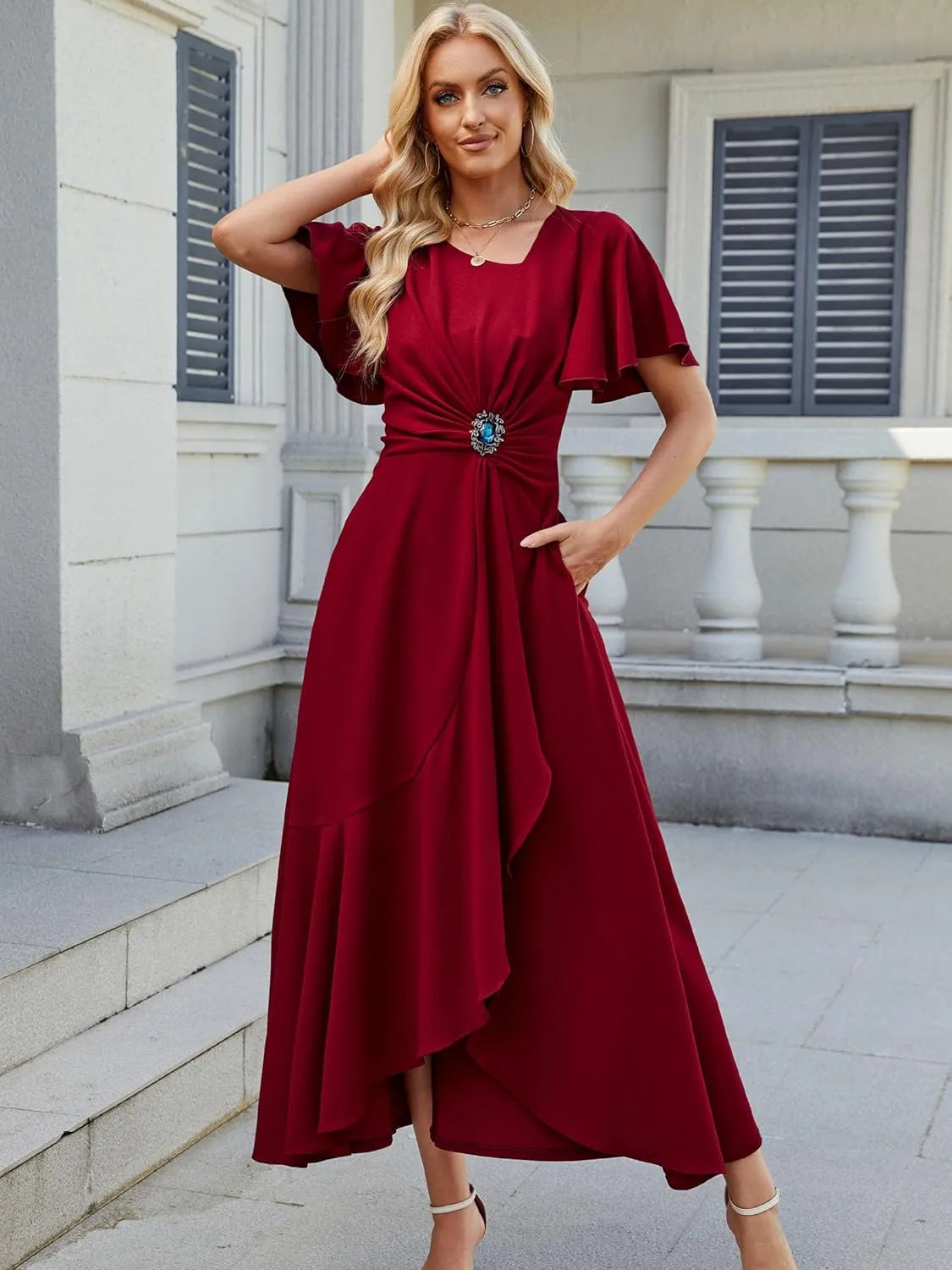 Wedding Guest Dresses for Women Have Pockets Cocktail Dress Ruffle Sleeve A Line Evening Party Formal Dresses for Women
