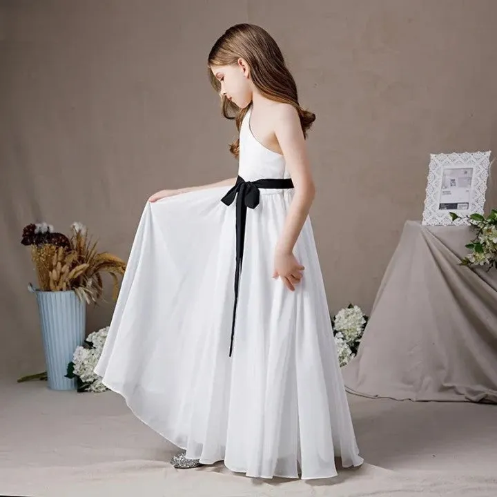 White Chiffon One Shoulder Flower Girl First Communion Dress