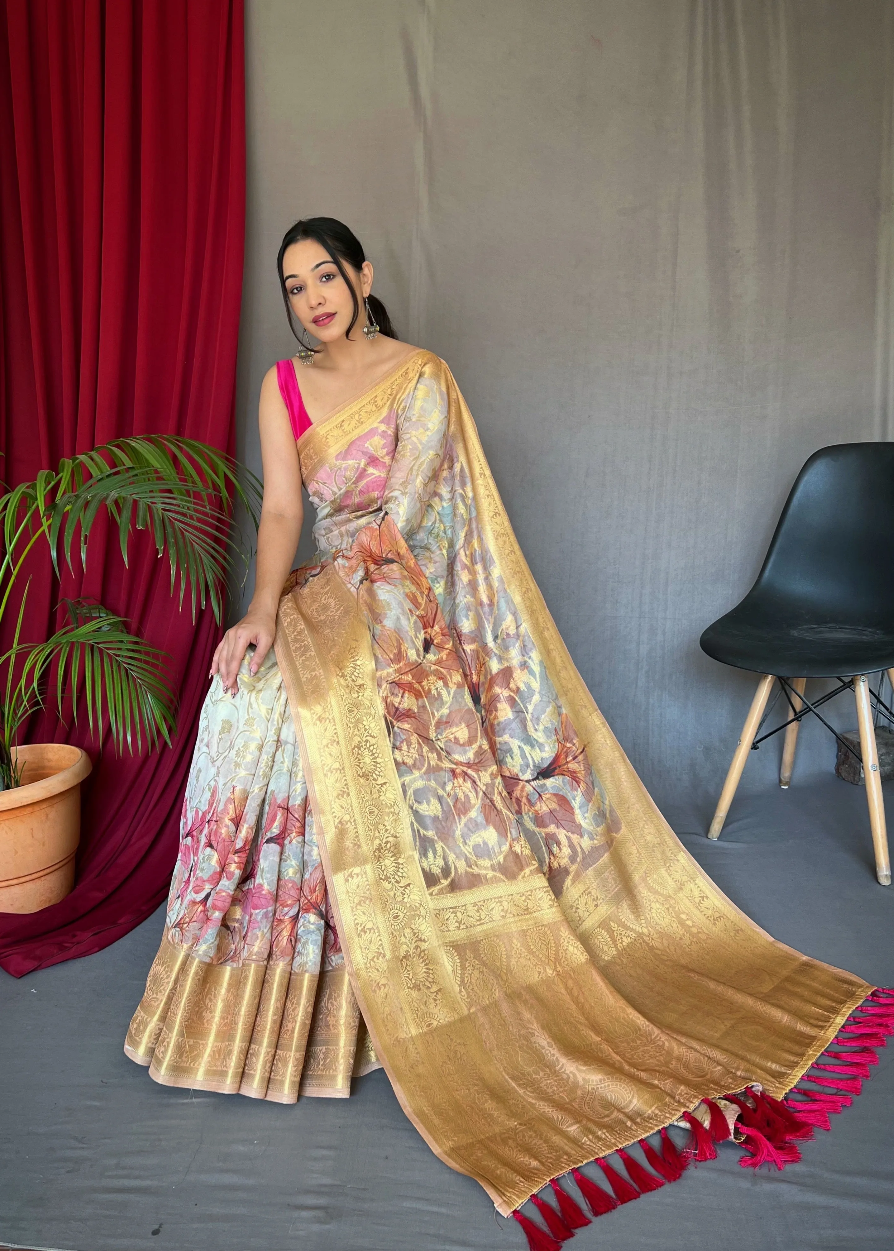White Red Saree in Kora Muslin Silk Floral Print