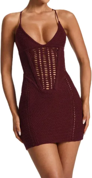 Women Backless Halter Mini Dress Casual Summer Knit Crochet Cutout Tie Back Bodycon Party Dress Beach Cover Up