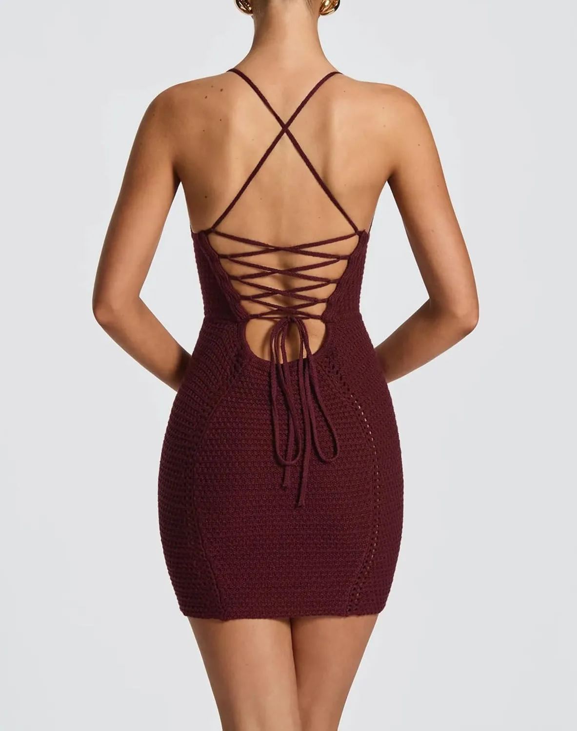 Women Backless Halter Mini Dress Casual Summer Knit Crochet Cutout Tie Back Bodycon Party Dress Beach Cover Up