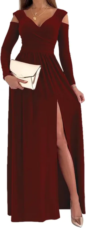Women Long Sleeve Slit Maxi Long Dresses Deep V Neck Cold Shoulder Dress for Women Casual Fall Winter Evening Date