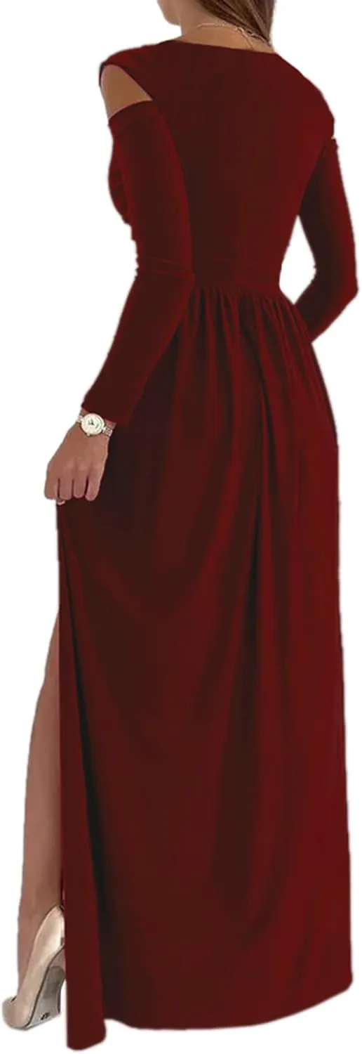 Women Long Sleeve Slit Maxi Long Dresses Deep V Neck Cold Shoulder Dress for Women Casual Fall Winter Evening Date
