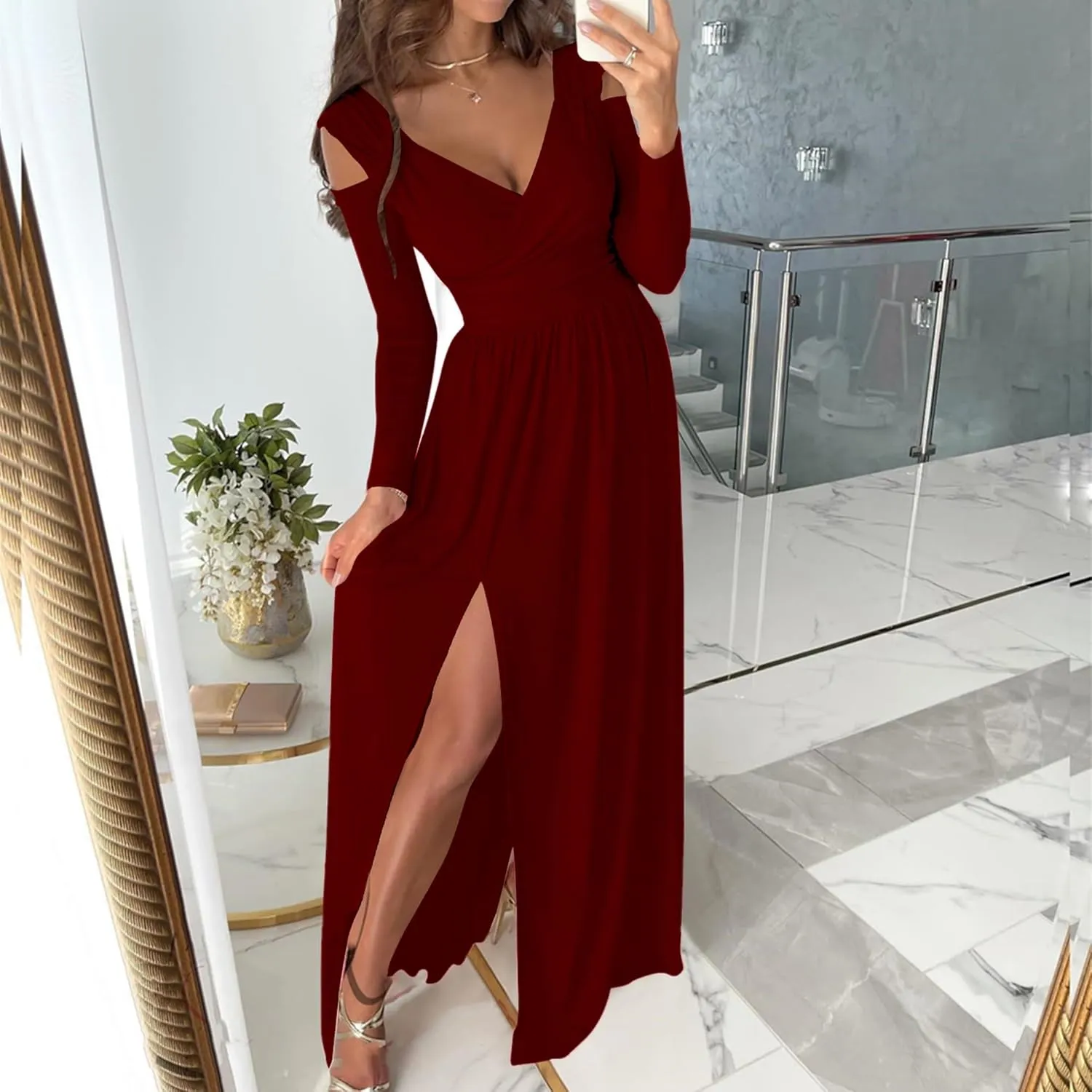 Women Long Sleeve Slit Maxi Long Dresses Deep V Neck Cold Shoulder Dress for Women Casual Fall Winter Evening Date