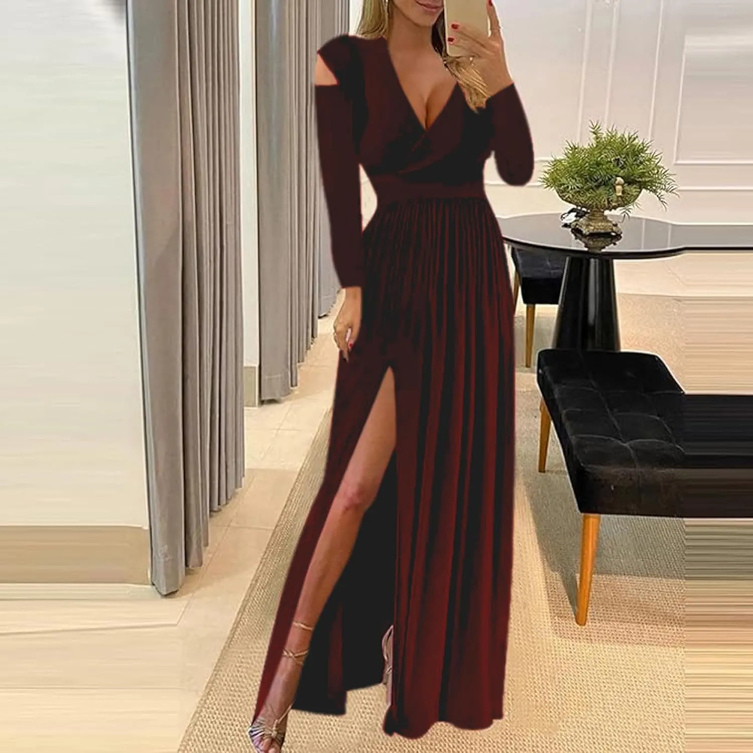 Women Long Sleeve Slit Maxi Long Dresses Deep V Neck Cold Shoulder Dress for Women Casual Fall Winter Evening Date