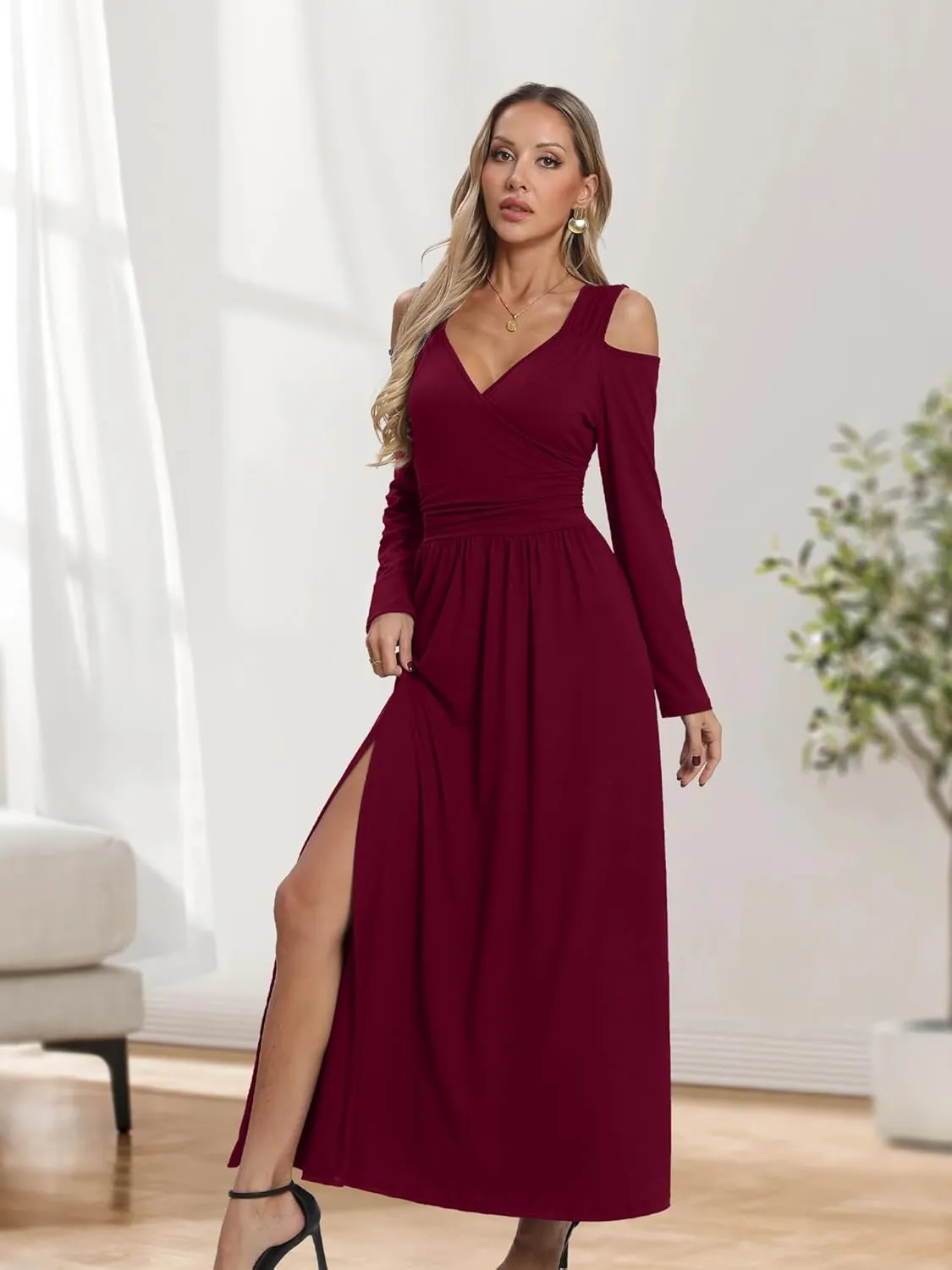 Women Long Sleeve Slit Maxi Long Dresses Deep V Neck Cold Shoulder Dress for Women Casual Fall Winter Evening Date