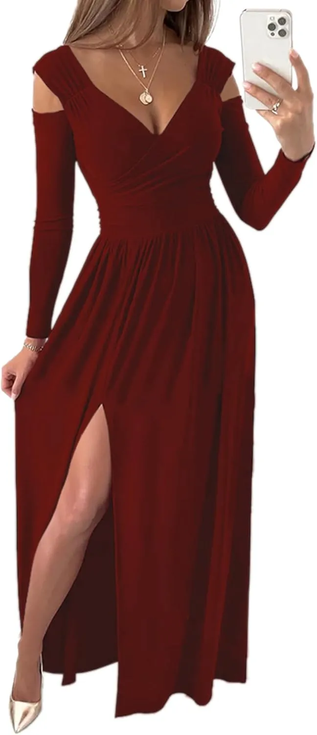 Women Long Sleeve Slit Maxi Long Dresses Deep V Neck Cold Shoulder Dress for Women Casual Fall Winter Evening Date
