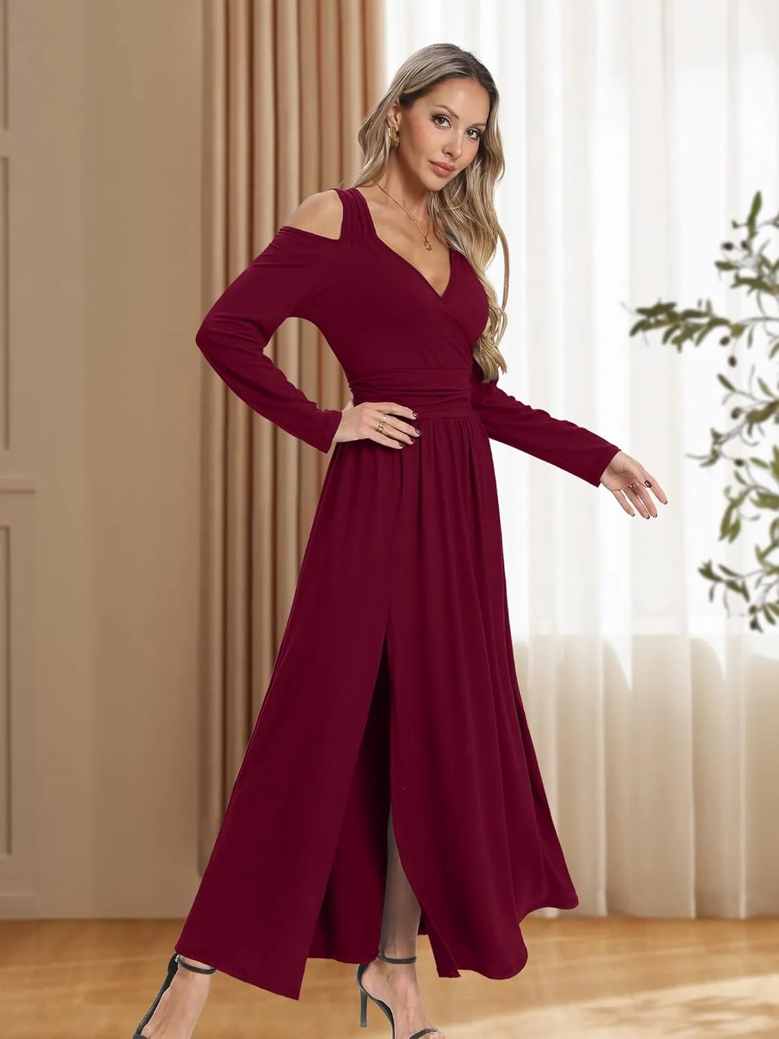 Women Long Sleeve Slit Maxi Long Dresses Deep V Neck Cold Shoulder Dress for Women Casual Fall Winter Evening Date