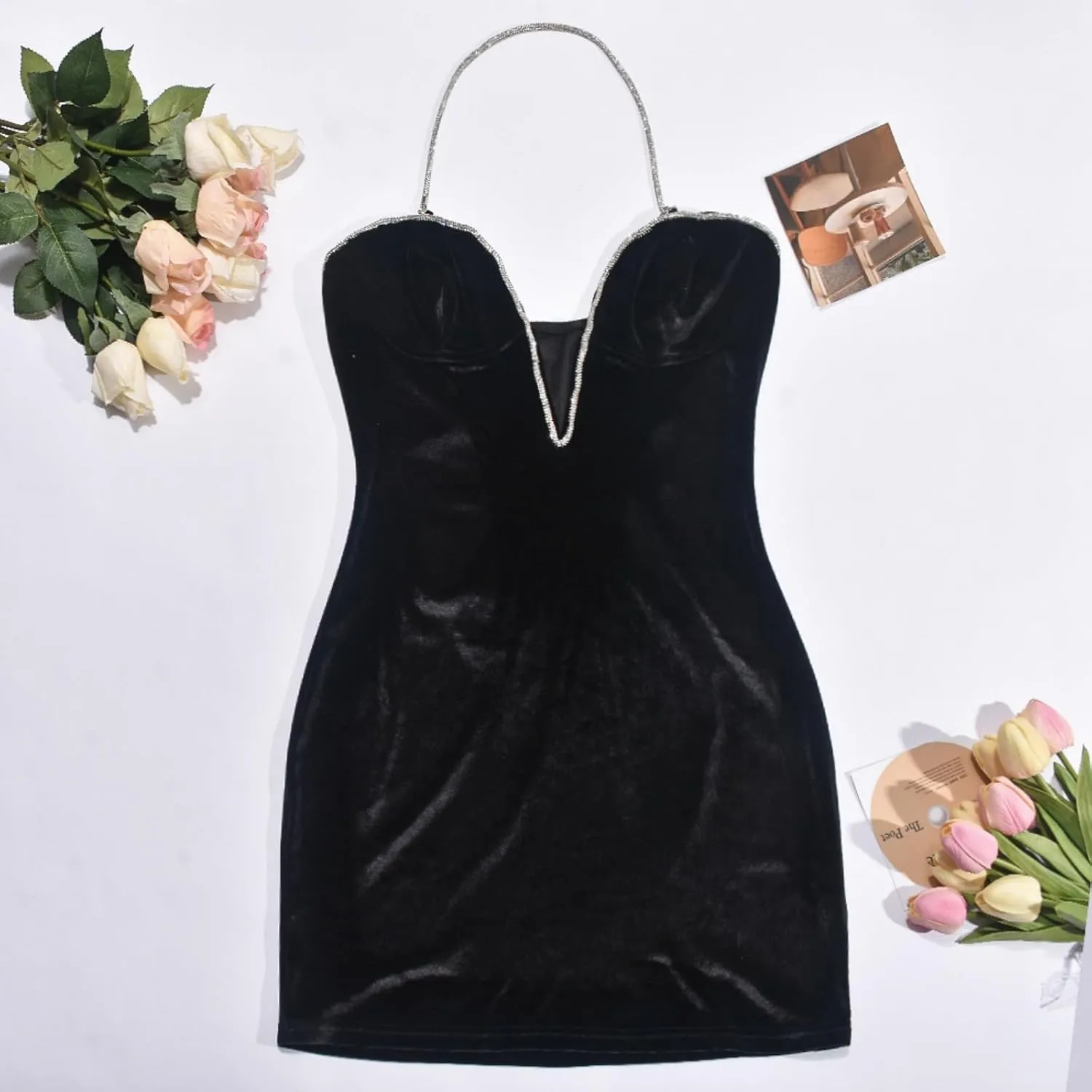 Women Sexy V-Neck Bodycon Mini Dress Halterneck Velvet Dresses for Wedding Party Night